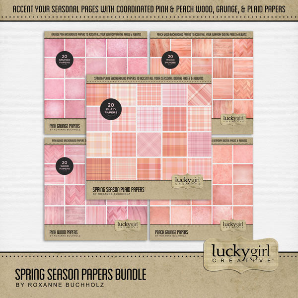 Accent your traditional seasonal pages with these plaid, wood, and grunge papers by Lucky Girl Creative digital art for digital scrapbooking in tones of pink and peach. Great for summer, spring, floral, and everyday pages, too!