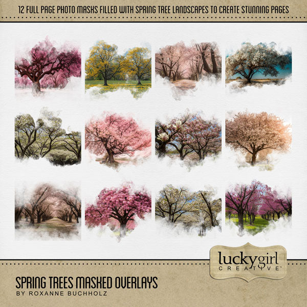 Celebrate the beauty of nature with these beautiful masked spring tree overlays by Lucky Girl Creative Digital Art for Digital Scrapbooking! With transparent edges, these masked photographs blend seamlessly into any background paper and make the perfect backdrop for all travel, vacation, and nature pages. They even work great for showcasing family trees! This kit is included in the Four Seasons Trees Masked Overlays Bundle.