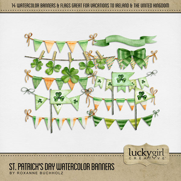 Add these beautiful watercolor banners, flags, and buntings by Lucky Girl Creative digital art to all your digital scrapbooking pages! Great for vacations to Ireland, the United Kingdom, Irish family history, and St. Patrick's Day! This kit is included in the St. Patrick's Day Watercolor Bundle.