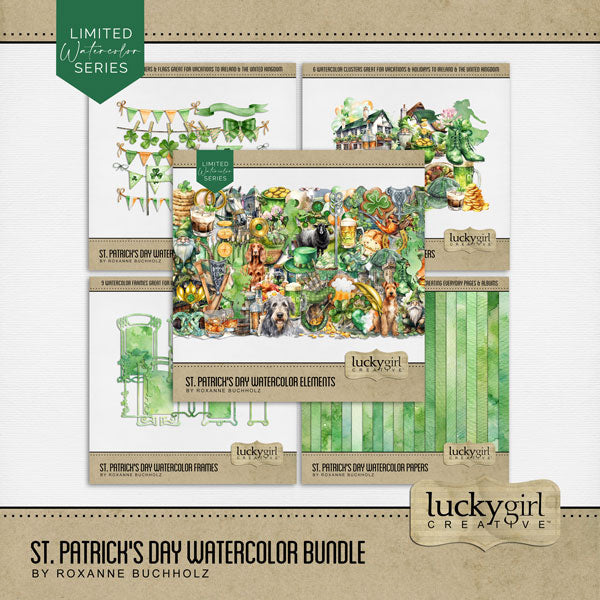 Add these beautiful watercolor embellishments, papers, banners, frames, and clusters by Lucky Girl Creative digital art to all your digital scrapbooking pages! Great for vacations to Ireland, the United Kingdom, Irish family history, and St. Patrick's Day! Embellishments include dogs, Irish Setter, Welsh Terrier, Irish Wolfhound, sheep, black sheep, lamb, bag pipe plyer, bagpipe, balloons, banner, beer, jewelry, brooch, button, candles, hat, castle, pot of gold, cauldron, cave, coin, Celtic cross, and more.