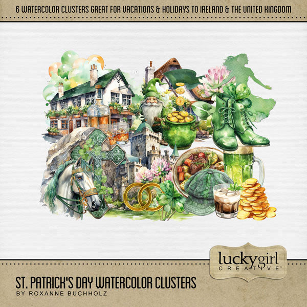 Add these beautiful watercolor clusters by Lucky Girl Creative digital art to all your digital scrapbooking pages! Great for vacations to Ireland, the United Kingdom, Irish family history, and St. Patrick's Day! Embellishments include castle, four leaf clover, Irish dancer, shoes, beer, stew, gold coins, Irish whiskey, horse, Celtic cross, leprechaun, pot of gold, and cottage. This kit is included in the St. Patrick's Day Watercolor Bundle.