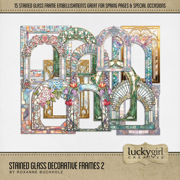 These beautiful multi-colored glass digital scrapbook mosaic frames by Lucky Girl Creative digital art for digital scrapbooking are the perfect addition to any page featuring church, faith, religion, wedding, and other historic sites such as basilicas, cathedrals, temples, and chapels. Great for spring, Easter, and flower garden pages, too! This kit is included in the Stained Glass Decorative Frames Bundle.
