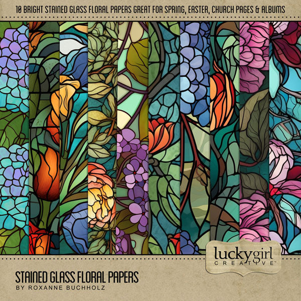 These beautiful multi-colored glass digital scrapbook floral papers by Lucky Girl Creative digital art are the perfect addition to any page featuring church, faith, religion, wedding, and other historic sites such as basilicas, cathedrals, temples, and chapels. Flowers include hydrangea, iris, peony, tulip, and more.
