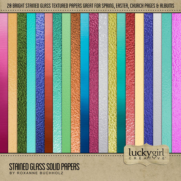 These beautiful solid-colored glass digital scrapbook papers by Lucky Girl Creative digital art are the perfect addition to any page featuring church, faith, religion, wedding, and other historic sites such as basilicas, cathedrals, temples, and chapels. TIP: Try lowering the opacity of the Stained Glass Solid Papers to create a realistic transparent window effect to let the background shine through!
