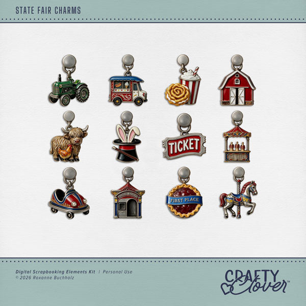 Find your joy in the magic! Document your memories with these fun fair and carnival charms by Crafty Clover digital art in pewter and enamel! Great for themed birthday parties, state fair, county fair, carnivals, and school festivals, too! Charm embellishments include barn, bumper car, carousel horse, food truck, funnel cake, soda, ring toss, carnival game, Highland Cow, chicken, livestock, magic trick, photo booth, first place, pie, ticket, and tractor. This kit is NOT included in any bundle.