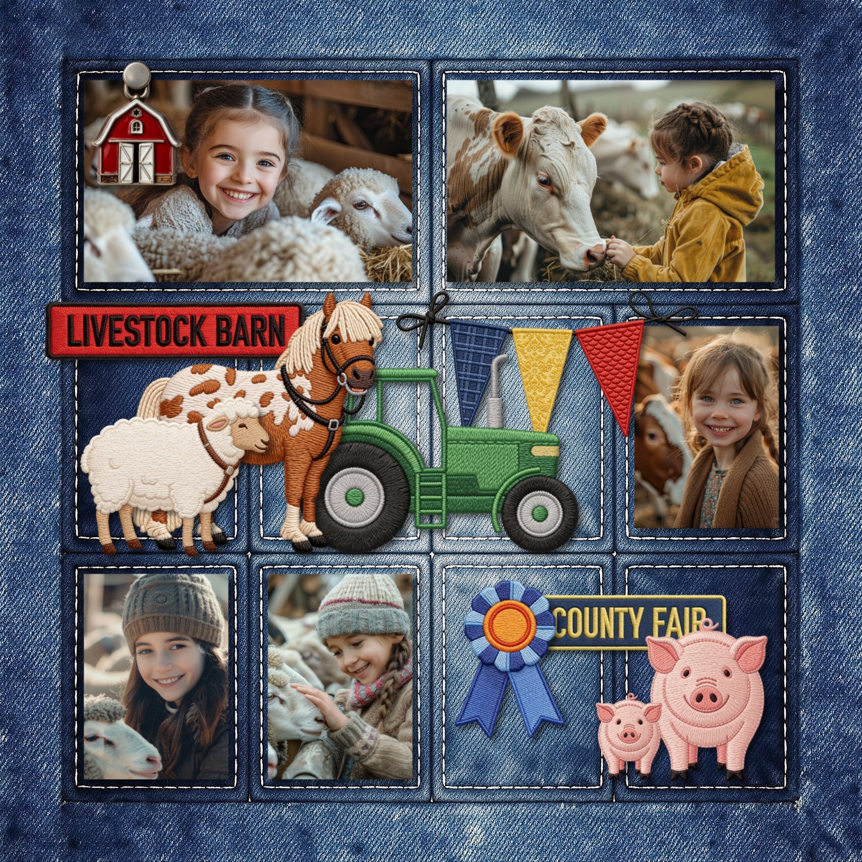 Find your joy in the magic! Document your memories with these fun fair and carnival embroidered patches by Crafty Clover digital art! Great for themed birthday parties, state fair, county fair, carnivals, and school festivals, too! Embellishments include barn, bumper car, carousel horse, food truck, funnel cake, soda, ring toss, carnival game, Highland Cow, chicken, livestock, magic trick, first place, pie, ticket, tractor, cow, goat, horse, pig, sheep, arrow, balloon, button, bunting, banner, cotton candy,