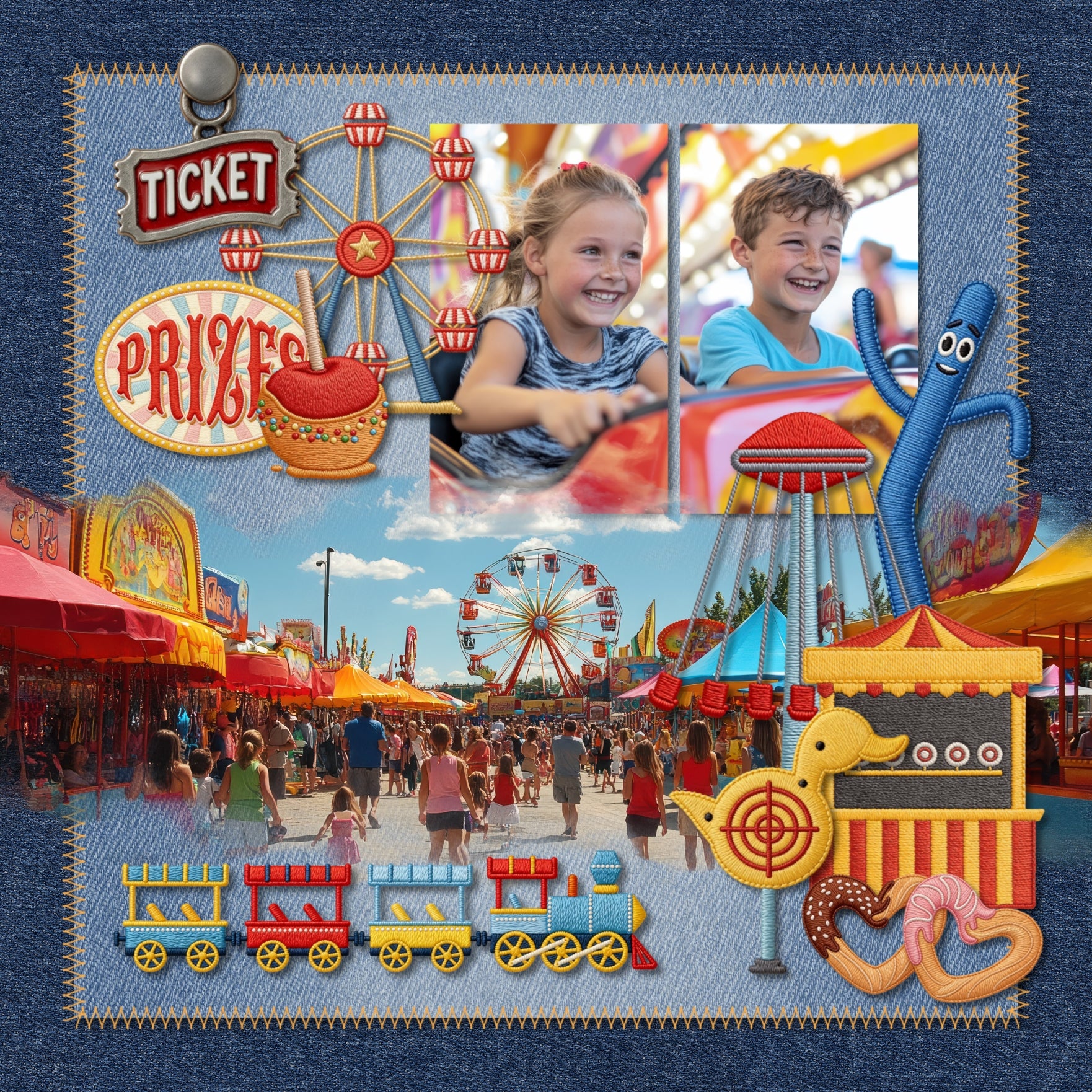 Find your joy in the magic! Document your memories with these fun fair and carnival embroidered patches by Crafty Clover digital art! Great for themed birthday parties, state fair, county fair, carnivals, and school festivals, too! Embellishments include barn, bumper car, carousel horse, food truck, funnel cake, soda, ring toss, carnival game, Highland Cow, chicken, livestock, magic trick, first place, pie, ticket, tractor, cow, goat, horse, pig, sheep, arrow, balloon, button, bunting, banner, cotton candy,