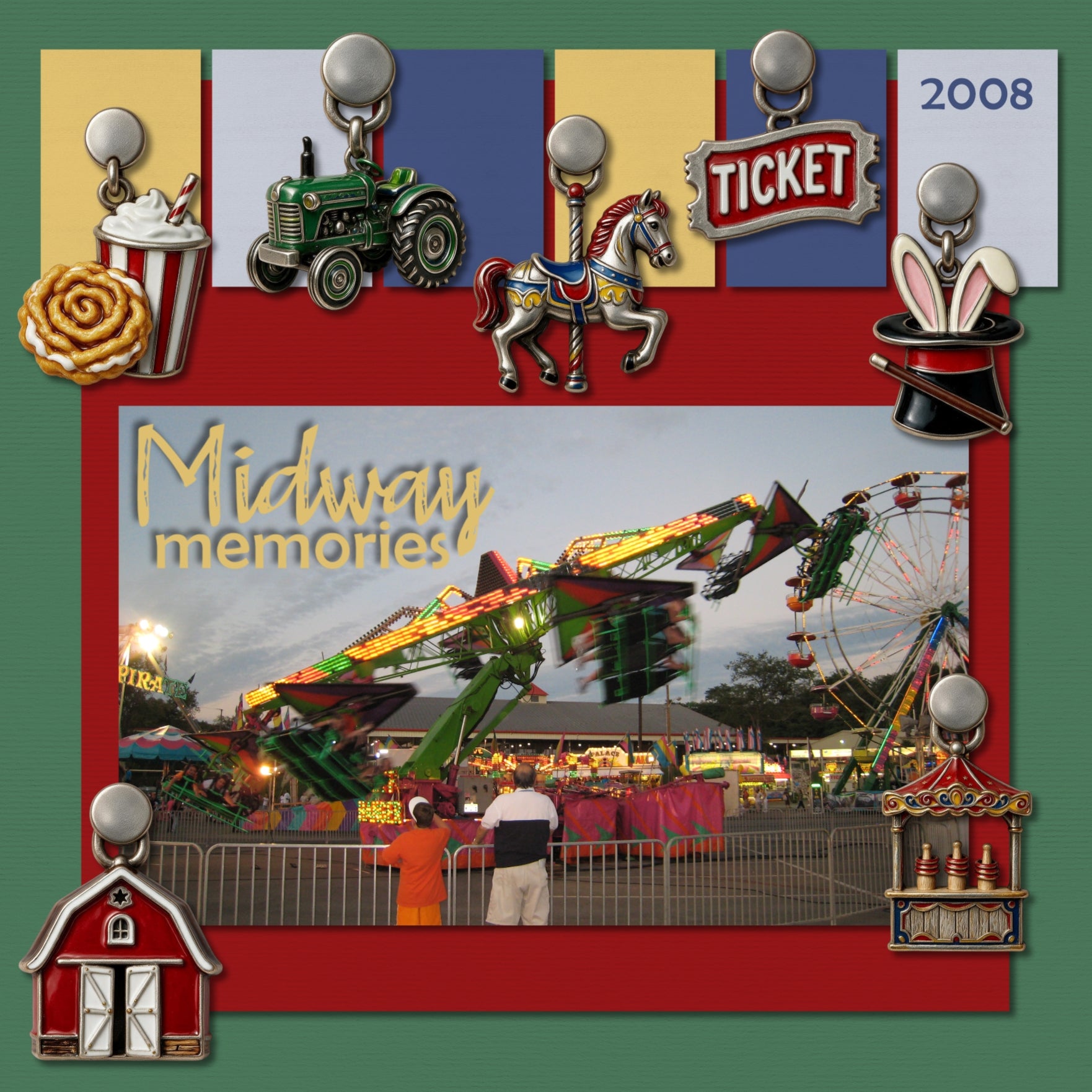 Find your joy in the magic! Document your memories with these fun fair and carnival charms by Crafty Clover digital art in pewter and enamel! Great for themed birthday parties, state fair, county fair, carnivals, and school festivals, too! Charm embellishments include barn, bumper car, carousel horse, food truck, funnel cake, soda, ring toss, carnival game, Highland Cow, chicken, livestock, magic trick, photo booth, first place, pie, ticket, and tractor. This kit is NOT included in any bundle.