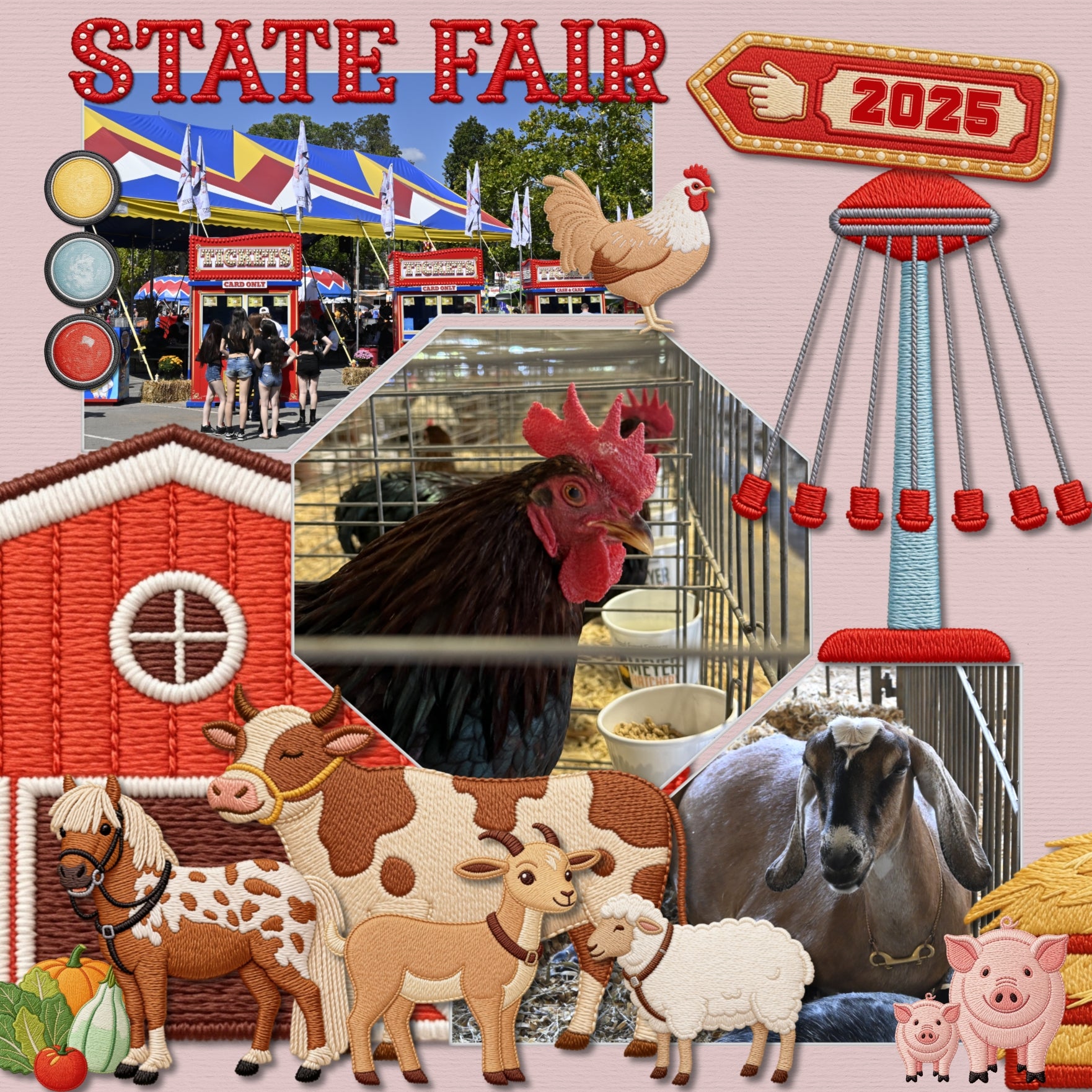 Find your joy in the magic! Document your memories with these fun fair and carnival embroidered patches by Crafty Clover digital art! Great for themed birthday parties, state fair, county fair, carnivals, and school festivals, too! Embellishments include barn, bumper car, carousel horse, food truck, funnel cake, soda, ring toss, carnival game, Highland Cow, chicken, livestock, magic trick, first place, pie, ticket, tractor, cow, goat, horse, pig, sheep, arrow, balloon, button, bunting, banner, cotton candy,