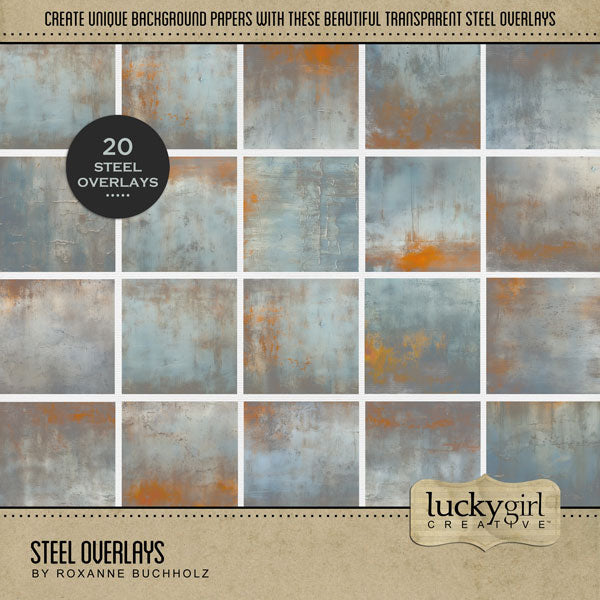 Add beautiful transparent steel overlays by Lucky Girl Creative digital art to all your digital scrapbooking pages! In hues of blue, gray, and rust orange, the metal papers add so much depth to all your memory keeping projects. Try layering over different colored digital papers to create a one-of-a-kind look! Great for travel, historic sites, vacations, family history, heritage, genealogy, masculine pages, and more! This kit is included in the Steel Papers & Overlays Kit.