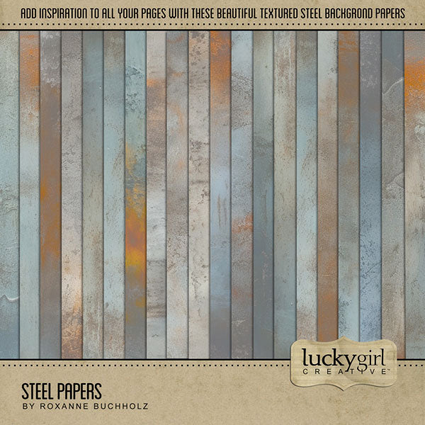 Add beautiful steel textured papers by Lucky Girl Creative digital art to all your digital scrapbooking pages! In hues of blue, gray, and rust orange, the metal papers add so much depth to all your memory keeping projects. Great for travel, historic sites, vacations, family history, heritage, genealogy, masculine pages, and more! This kit is included in the Steel Papers & Overlays Kit.