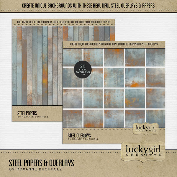 Add beautiful transparent steel overlays and textured papers by Lucky Girl Creative digital art to all your digital scrapbooking pages! In hues of blue, gray, and rust orange, the metal papers and overlays add so much depth to all your memory keeping projects. Try layering over different colored digital papers to create a one-of-a-kind look! Great for travel, historic sites, vacations, family history, heritage, genealogy, masculine pages, and more! This kit includes the Steel Papers and the Steel Overlays.