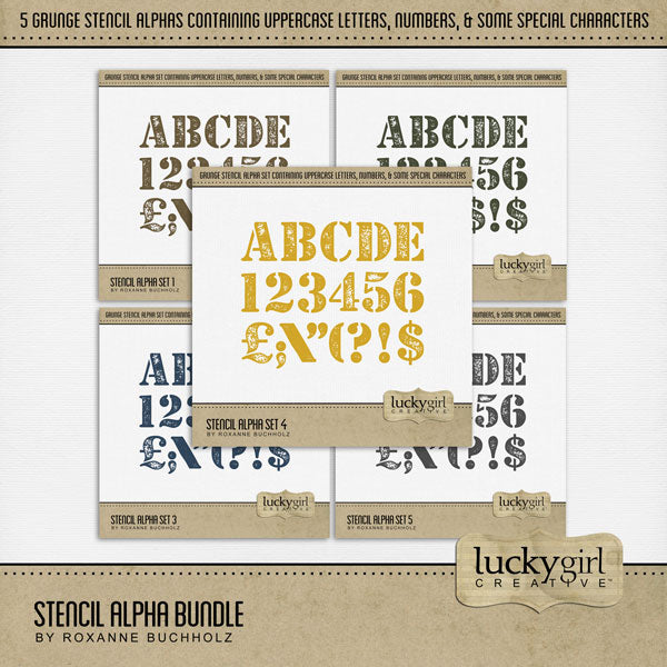 Design unique digital scrapbooking page titles with this set of 5 grunge stencil alpha sets by Lucky Girl Creative digital art. Perfect for military pages, hobbies, occupations, and everyday occasions, too! Colors include tan, army green, navy blue, yellow, and gray. Each alpha set consists of a full set of uppercase letters A-Z, numbers 0-9, and some punctuation marks. These digital scrapbooking alpha sets are available as individual embellishments only.