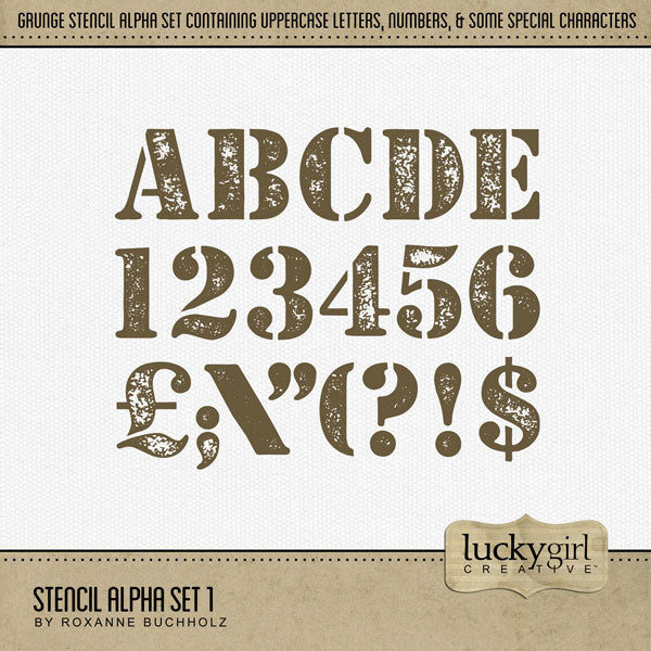 Design unique digital scrapbooking page titles with this grunge stencil alpha set by Lucky Girl Creative digital art. Perfect for military pages, hobbies, occupations, and everyday occasions, too! This alpha set consists of a full set of uppercase letters A-Z, numbers 0-9, and some punctuation marks. This digital scrapbooking alpha set is available as individual embellishments only. This Alpha Set is included in the Stencil Alpha Bundle.