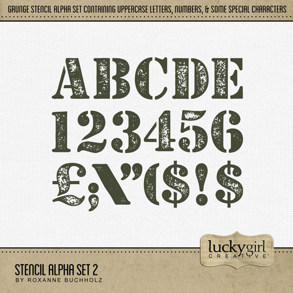 Design unique digital scrapbooking page titles with this grunge stencil alpha set by Lucky Girl Creative digital art. Perfect for military pages, hobbies, occupations, and everyday occasions, too! This alpha set consists of a full set of uppercase letters A-Z, numbers 0-9, and some punctuation marks. This digital scrapbooking alpha set is available as individual embellishments only. This Alpha Set is included in the Stencil Alpha Bundle.