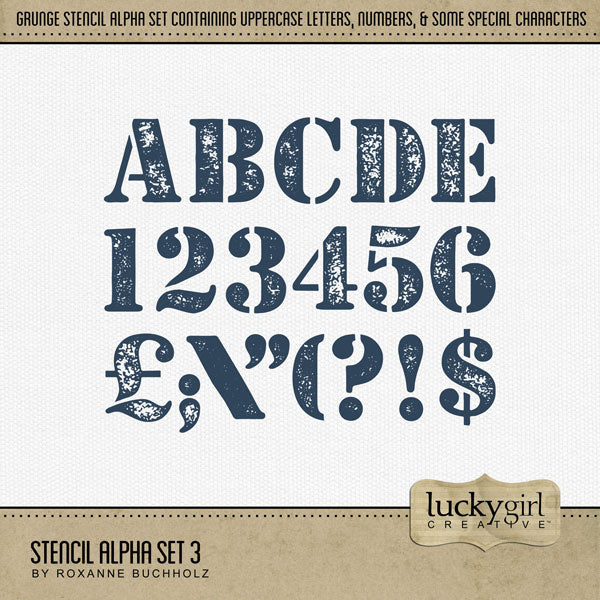 Design unique digital scrapbooking page titles with this grunge stencil alpha set by Lucky Girl Creative digital art. Perfect for military pages, hobbies, occupations, and everyday occasions, too! This alpha set consists of a full set of uppercase letters A-Z, numbers 0-9, and some punctuation marks. This digital scrapbooking alpha set is available as individual embellishments only. This Alpha Set is included in the Stencil Alpha Bundle.