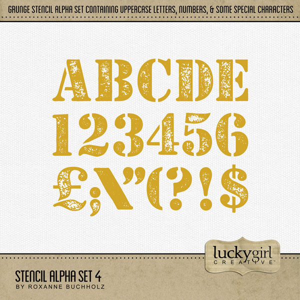 Design unique digital scrapbooking page titles with this grunge stencil alpha set by Lucky Girl Creative digital art. Perfect for military pages, hobbies, occupations, and everyday occasions, too! This alpha set consists of a full set of uppercase letters A-Z, numbers 0-9, and some punctuation marks. This digital scrapbooking alpha set is available as individual embellishments only. This Alpha Set is included in the Stencil Alpha Bundle.