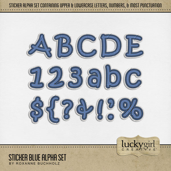 Add these fun, children's sticker letters, numbers, and punctuation by Lucky Girl Creative digital art to all your digital scrapbooking pages and mix-and-match them on various projects throughout the year! Great for school, everyday, kids, children, teens, and crafters! The Sticker Blue Alpha Set consists of a full set of digital art uppercase alphabet letters A-Z, lowercase alphabet letters a-z, numbers 0-9, and most punctuation marks. This alpha set is available as individual embellishments only. 