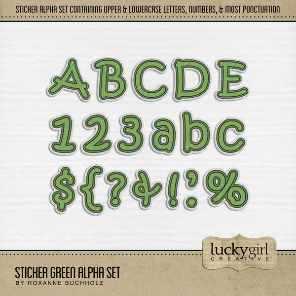 Add these fun, children's sticker letters, numbers, and punctuation by Lucky Girl Creative digital art to all your digital scrapbooking pages and mix-and-match them on various projects throughout the year! Great for school, everyday, kids, children, teens, and crafters! The Sticker Green Alpha Set consists of a full set of digital art uppercase alphabet letters A-Z, lowercase alphabet letters a-z, numbers 0-9, and most punctuation marks. This alpha set is available as individual embellishments only.
