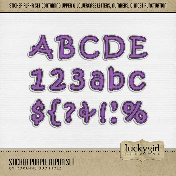 Add these fun, children's sticker letters, numbers, and punctuation by Lucky Girl Creative digital art to all your digital scrapbooking pages and mix-and-match them on various projects throughout the year! Great for school, everyday, kids, children, teens, and crafters! The Sticker Purple Alpha Set consists of a full set of digital art uppercase alphabet letters A-Z, lowercase alphabet letters a-z, numbers 0-9, and most punctuation marks. This alpha set is available as individual embellishments only.