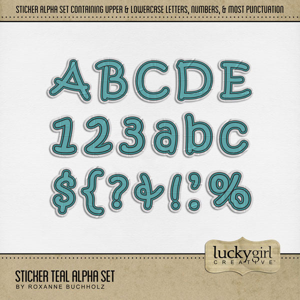 Add these fun, children's sticker letters, numbers, and punctuation by Lucky Girl Creative digital art to all your digital scrapbooking pages and mix-and-match them on various projects throughout the year! Great for school, everyday, kids, children, teens, and crafters! The Sticker Teal Alpha Set consists of a full set of digital art uppercase alphabet letters A-Z, lowercase alphabet letters a-z, numbers 0-9, and most punctuation marks. This alpha set is available as individual embellishments only.