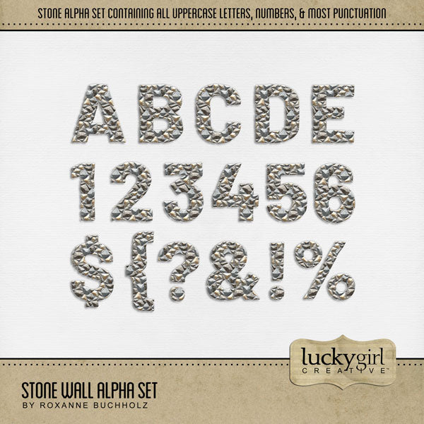 These gray stacked stone alphabet, number, and punctuation mark digital scrapbooking embellishments by Lucky Girl Creative digital art are easy to use for everyday digital scrapbook page titles. Great for home renovation, building a new house, downtown, travel, vacation, and garden. The Stone Wall Alpha Set consists of a full set of digital art uppercase alphabet letters A-Z, numbers 0-9, and most punctuation marks. This alpha set is available as individual embellishments only.