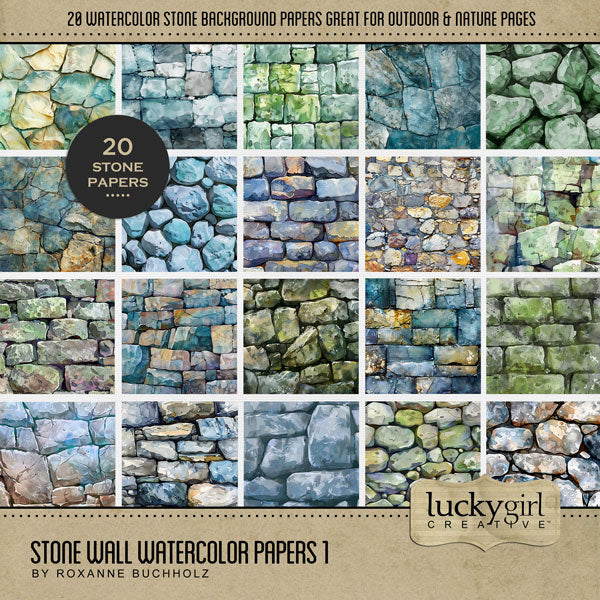 Add beautiful watercolor stone textured papers by Lucky Girl Creative digital art to all your digital scrapbooking pages! In hues of blue, green, and gray, the rock papers add so much depth to all your memory keeping projects. Great for travel, historic sites, vacations, family history, heritage, genealogy, nature and outdoor pages, and more! This kit is included in the Stone Wall Watercolor Papers Bundle.