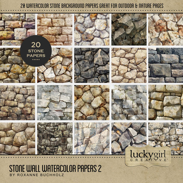 Add beautiful watercolor stone textured papers by Lucky Girl Creative digital art to all your digital scrapbooking pages! In hues of tan, taupe, gray, and brown, the rock papers add so much depth to all your memory keeping projects. Great for travel, historic sites, vacations, family history, heritage, genealogy, nature and outdoor pages, and more! This kit is included in the Stone Wall Watercolor Papers Bundle.