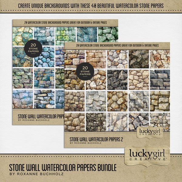 Add beautiful watercolor stone textured papers by Lucky Girl Creative digital art to all your digital scrapbooking pages! In hues of blue, green, gray, tan, and brown, the rock papers add so much depth to all your memory keeping projects. Great for travel, historic sites, vacations, family history, heritage, genealogy, nature and outdoor pages, and more!