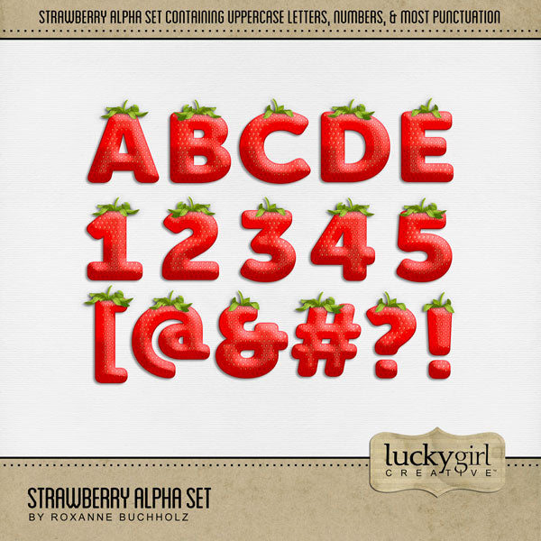 Showcase your favorite pie recipes, cookbook favorites, desserts, and summer activities with these fun digital scrapbooking alphabet letters, numbers, and punctuation by Lucky Girl Creative digital art great for creating one-of-a-kind page titles. This alpha set consists of a full set of digital art uppercase letters A-Z, numbers 0-9, and most punctuation. This alpha set is available as individual embellishments only. 