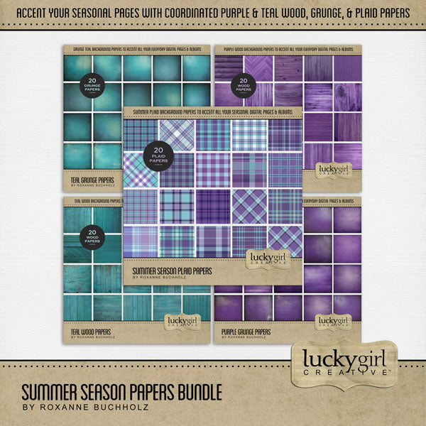 Accent your traditional seasonal pages with these plaid, wood, and grunge papers by Lucky Girl Creative digital art for digital scrapbooking in tones of purple and teal blue. Great for summer, spring, floral, and everyday pages, too!