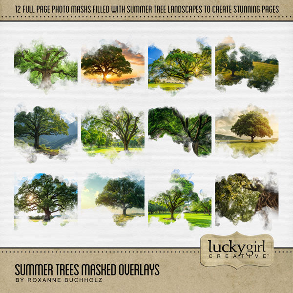 Celebrate the beauty of nature with these beautiful masked summer tree overlays by Lucky Girl Creative Digital Art for Digital Scrapbooking! With transparent edges, these masked photographs blend seamlessly into any background paper and make the perfect backdrop for all travel, vacation, and nature pages. They even work great for showcasing family trees! This kit is included in the Four Seasons Trees Masked Overlays Bundle.