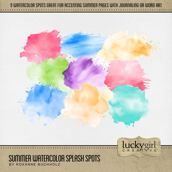 Capture all your fun summertime activities with this beautiful watercolor digital scrapbooking embellishment kit filled with watercolor splashes by Lucky Girl Creative digital art. Great for layering on everyday pages and using as a backdrop for your journaling. This kit is included in the Summer Watercolor Bundle.