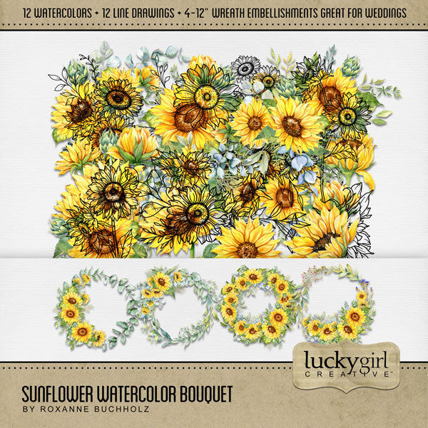 Capture the special moments of your wedding or flower garden with this mix of watercolor and hand drawn sunflowers by Lucky Girl Creative digital art. Great for wedding invitations, save the date cards, albums, decor, and even spring and summer pages, too! This kit is included in the Flower Watercolor Bouquet Bundle 1.