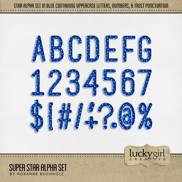 Add these sporty star-filled blue and white letters, numbers, and punctuation to all your digital scrapbooking pages and mix-and-match them on various projects throughout the year! Great for sports, school, star students, and everyday pages, too! The Super Star Alpha Set consists of a full set of digital art uppercase alphabet letters A-Z, numbers 0-9, and most punctuation marks. 