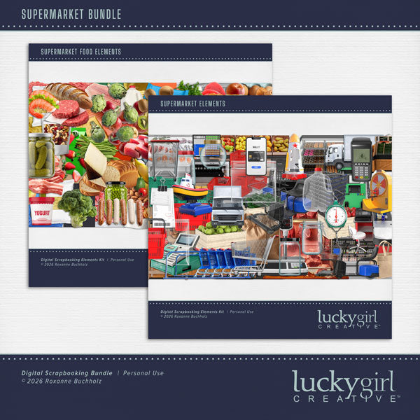 Document your grocery shopping adventures, food purchases, and cooking at home with these realistic grocery store embellishments by Lucky Girl Creative digital art for digital scrapbooking. Embellishments include brown bag, grocery bag, plastic, bulk, metal basket, cart, trolley, container, cash register, checkout, crate, produce, delivery truck, display case, sushi counter, donuts, bakery, hot food, gasoline pump, jar, meat tray, meat display, seafood, milk, motorized cart, pastry, mobile device, pay, tap