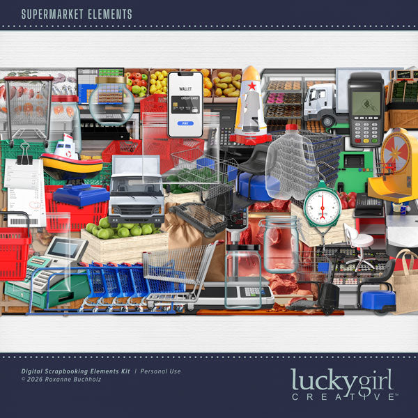 Document your grocery shopping adventures, food purchases, and cooking at home with these realistic grocery store embellishments by Lucky Girl Creative digital art for digital scrapbooking. Embellishments include brown bag, grocery bag, plastic, bulk, metal basket, cart, trolley, container, cash register, checkout, crate, produce, delivery truck, display case, sushi counter, donuts, bakery, hot food, gasoline pump, jar, meat tray, meat display, seafood, milk, motorized cart, pastry, mobile device, pay, tap