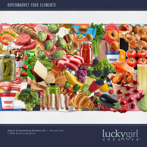 Document your grocery shopping adventures, food purchases, and cooking at home with these realistic grocery store embellishments by Lucky Girl Creative digital art for digital scrapbooking. Embellishments include bread, loaf, can, cereal box, cheese, juice, eggs, premade food, fried chicken, apple, banana, blackberry, cherry, grapes, kiwi, fruit, orange, peach, strawberry, pear, tomato, peas, pickles, pasta, sauce, meat, beef, burger, chicken, fish, fillet, ground beef, pork, salmon, sausage, shrimp, crab