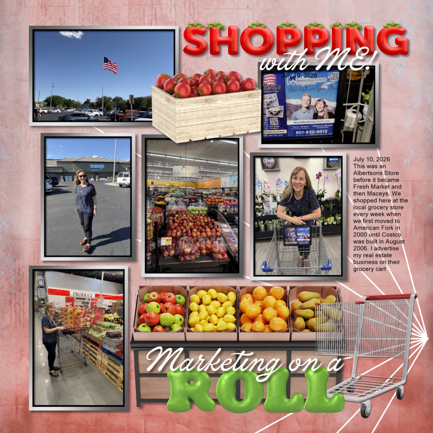 Document your grocery shopping adventures, food purchases, and cooking at home with these realistic grocery store embellishments by Lucky Girl Creative digital art for digital scrapbooking. Embellishments include brown bag, grocery bag, plastic, bulk, metal basket, cart, trolley, container, cash register, checkout, crate, produce, delivery truck, display case, sushi counter, donuts, bakery, hot food, gasoline pump, jar, meat tray, meat display, seafood, milk, motorized cart, pastry, mobile device, pay, tap