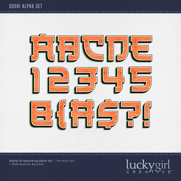Showcase your favorite Japanese restaurants, recipes, and cookbook favorites with these fun digital scrapbooking alphabet letters, numbers, and punctuation by Lucky Girl Creative digital art great for creating one-of-a-kind digital scrapbooking page titles. This alpha set consists of a full set of digital art uppercase letters A-Z, numbers 0-9, and most punctuation. This alpha set is available as individual embellishments only. This Alpha Set is NOT included in any bundle.