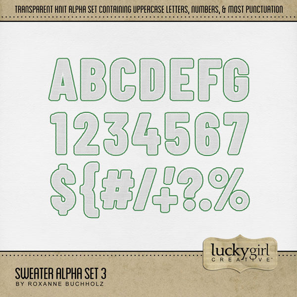 Design the cutest digital scrapbooking page titles with this knit sweater alpha set by Lucky Girl Creative digital art. Perfect for winter weather, Christmas, St. Patrick's Day, and cozy holiday pages! The white knit is surrounded by a green accent and features a transparent background allowing your digital papers to show through. This alpha set consists of a full set of uppercase letters A-Z, numbers 0-9, and most punctuation marks. This digital scrapbooking alpha set is available as individual embellishme