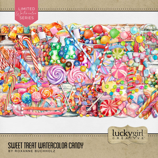 Savor the sweet moments in your life with these beautiful watercolor digital scrapbooking embellishments by Lucky Girl Creative digital art filled with candy goodness. Great for birthday parties, trips to the candy shop, those with a sweet tooth, children, and more. Embellishments include jelly beans, bowl of candy, candy cane, candy corn, candy pieces, shelf, candy shop display, table, caramel, chewing gum, gumball machine, cloche, gumdrop, gummy bear, gummy worm, hard candy, peppermint, taffy, and more.