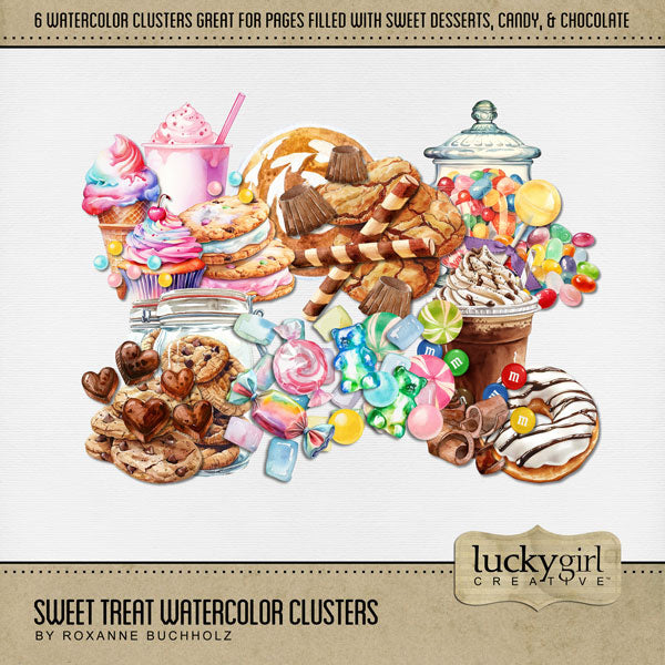 Savor the sweet moments in your life with these beautiful watercolor digital scrapbooking clusters by Lucky Girl Creative digital art that will help you make quick and easy pages. Great for birthday parties, children, girl's night out, and everyday pages, too! This kit is included in the Sweet Treat Watercolor Bundle.