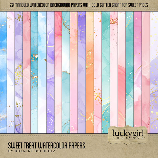 Savor the sweet moments in your life with these beautiful candy-colored digital scrapbooking marbled watercolor papers by Lucky Girl Creative digital art. Great for birthday parties, children, dance recitals, girl's night out, and everyday pages, too! This kit is included in the Sweet Treat Watercolor Bundle.