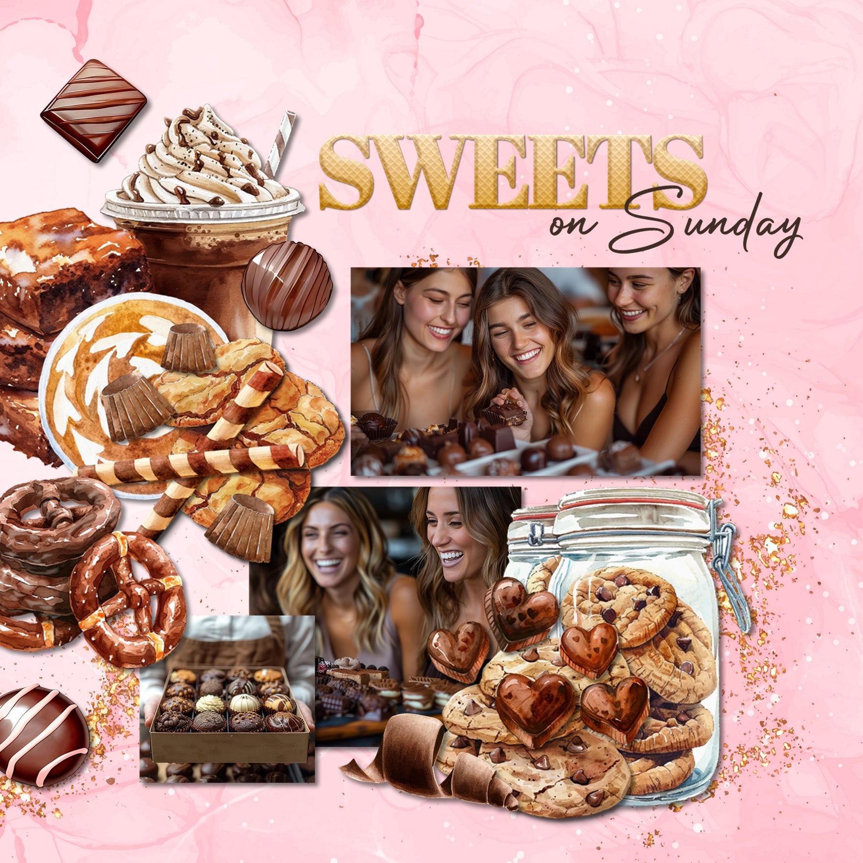 Savor the sweet moments in your life with these beautiful watercolor digital scrapbooking embellishments, pretty papers, and clusters by Lucky Girl Creative digital art filled with tasty goodness. Great for birthday parties, trips to the candy shop, those with a sweet tooth, children, birthday parties, and more. Embellishments include bubble tea, boba, almond cake, carrot cake, Napoleon, cake pop, rainbow slice, cake roll, cake stand, wedding cake, candle, cannoli, cheesecake, ice cream, candy, and more.
