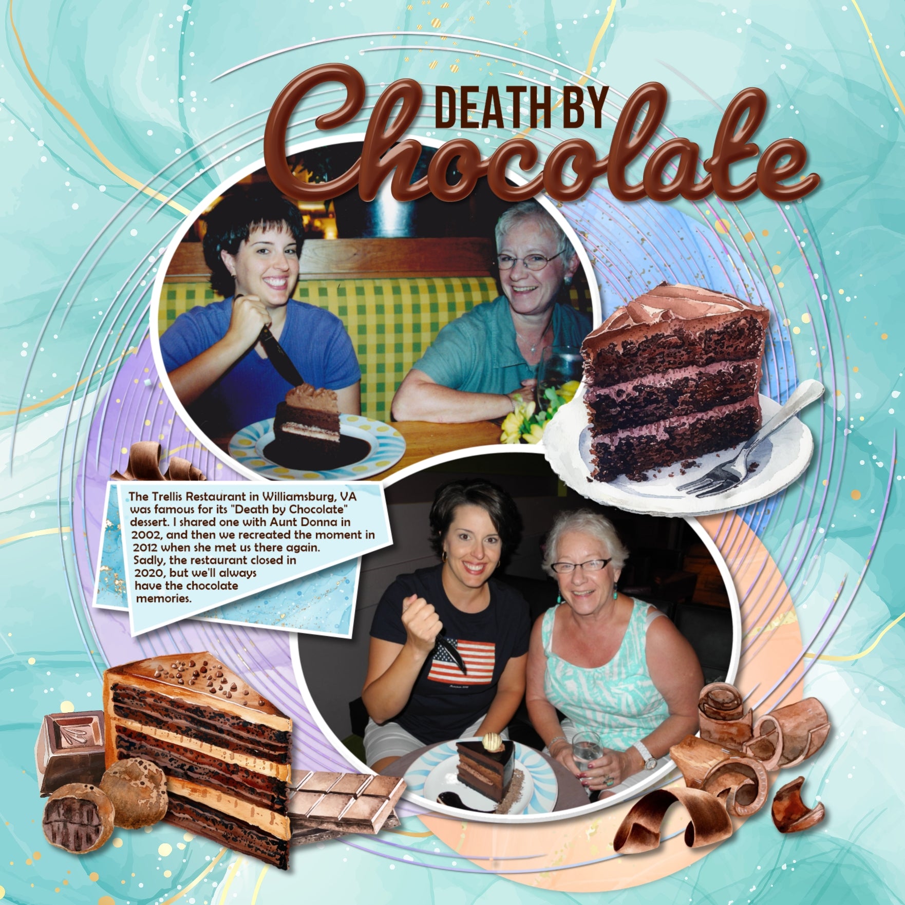 Savor the sweet moments in your life with these beautiful watercolor digital scrapbooking embellishments, pretty papers, and clusters by Lucky Girl Creative digital art filled with tasty goodness. Great for birthday parties, trips to the candy shop, those with a sweet tooth, children, birthday parties, and more. Embellishments include bubble tea, boba, almond cake, carrot cake, Napoleon, cake pop, rainbow slice, cake roll, cake stand, wedding cake, candle, cannoli, cheesecake, ice cream, candy, and more.