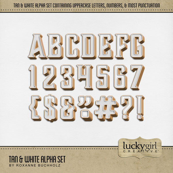 These sweet tan and white alphabet and number digital scrapbooking embellishments by Lucky Girl Creative digital art are easy to use for everyday digital scrapbook page titles and special occasions such as Thanksgiving, fall, autumn, and Independence Day. The Tan & White Alpha Set consists of a full set of digital art uppercase alphabet letters A-Z, numbers 0-9, and most punctuation marks. This alpha set is available as individual embellishments only. This kit is included in the American Sweet Shop Bundle.