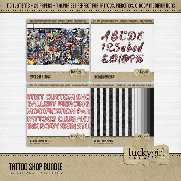 Document your newest tattoo, piercings, or body modification with this realistic tattoo bundle which includes digital scrapbooking embellishments, papers, word art, and a neon alpha set by Lucky Girl Creative digital art. Great for tattoo artists, tattoo studios, and body artists, too. Embellishments include leather apron, chair, credit card, ink cups, ink drops, splatter, tattoo ink, tattoo studio label, latex gloves, magnifying light, metal plaque, needle graphic, needle tip, piercings, and more.