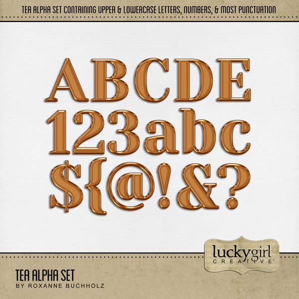 Cozy up your digital scrapbooking page titles with this tasty tea-inspired alpha set by Lucky Girl Creative digital art! Great for travel to Asia, Japan, China, and more! The alpha set consists of a full set of digital art uppercase alphabet letters A-Z, lowercase letters a-z, numbers 0-9, and most punctuation marks. This alpha set is available as individual embellishments only. This kit is included in the Tea Alpha Bundle.