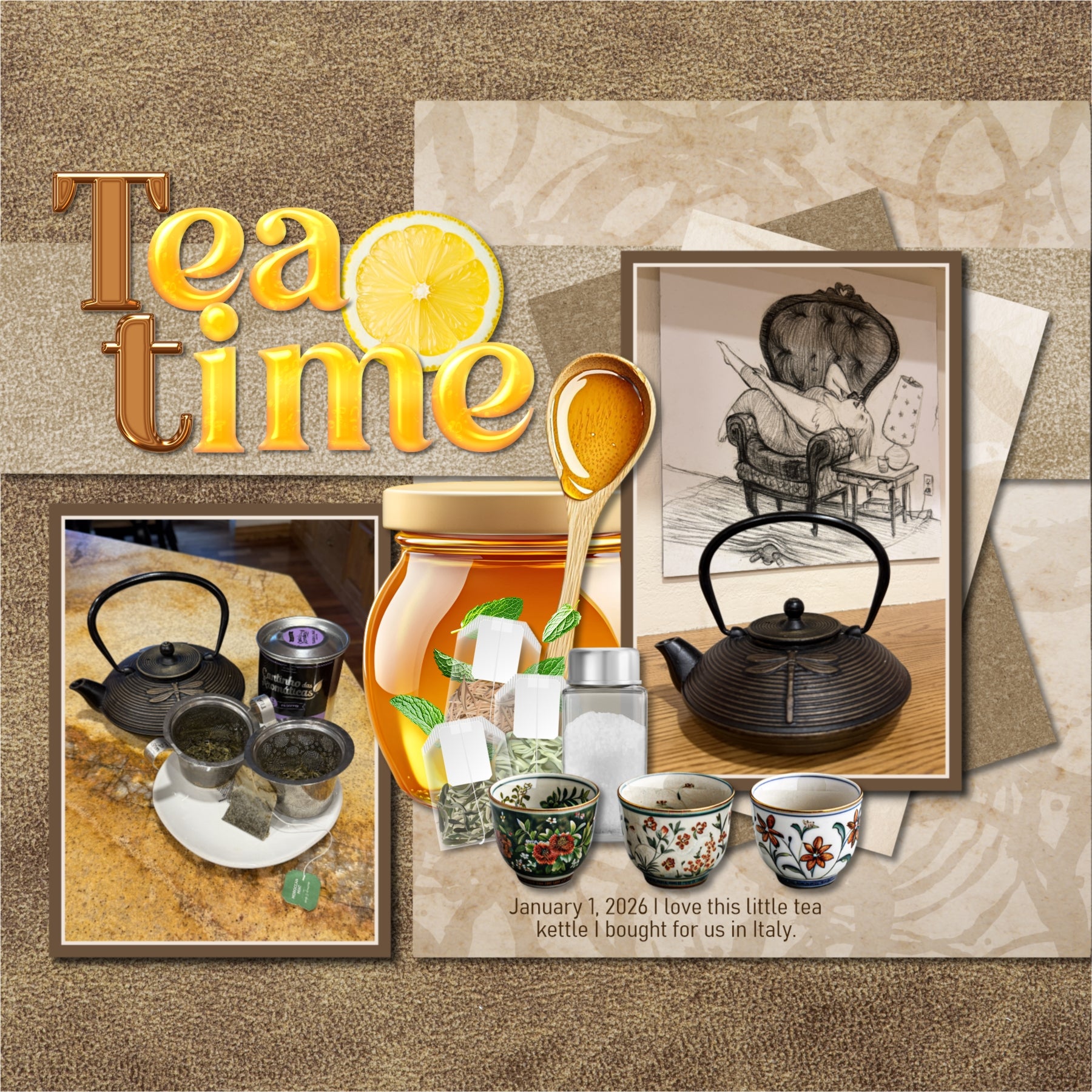 Cozy up your digital scrapbooking pages with these realistic tea-inspired embellishments, papers, and clusters. Great for tea shops, time with girlfriends, afternoon tea, vacations to Asia, China, Japan, and more! Embellishments include apron, cookie, hearts, bread, loaf, pound cake, bakery, baked goods, hot tea, ice tea, iced tea, bubble tea, boba tea, stool, cafe, cup lid, tea shop, ginger, honey, honey dipper, honey spoon, tea infuser, hot water heater pot, pitcher, Japanese tea cups, Japanese Tea House.